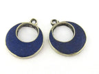 2 pieces - Tibetan silver color finish donut disc shape charm pendants with lapis inlay - PM512A