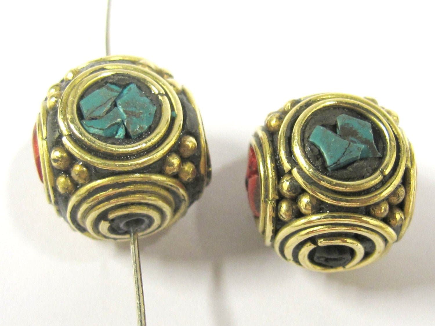 2 beads - Large 15 -16 mm ethnic Tibetan nepal brass beads with turquoise inlay - BD801s