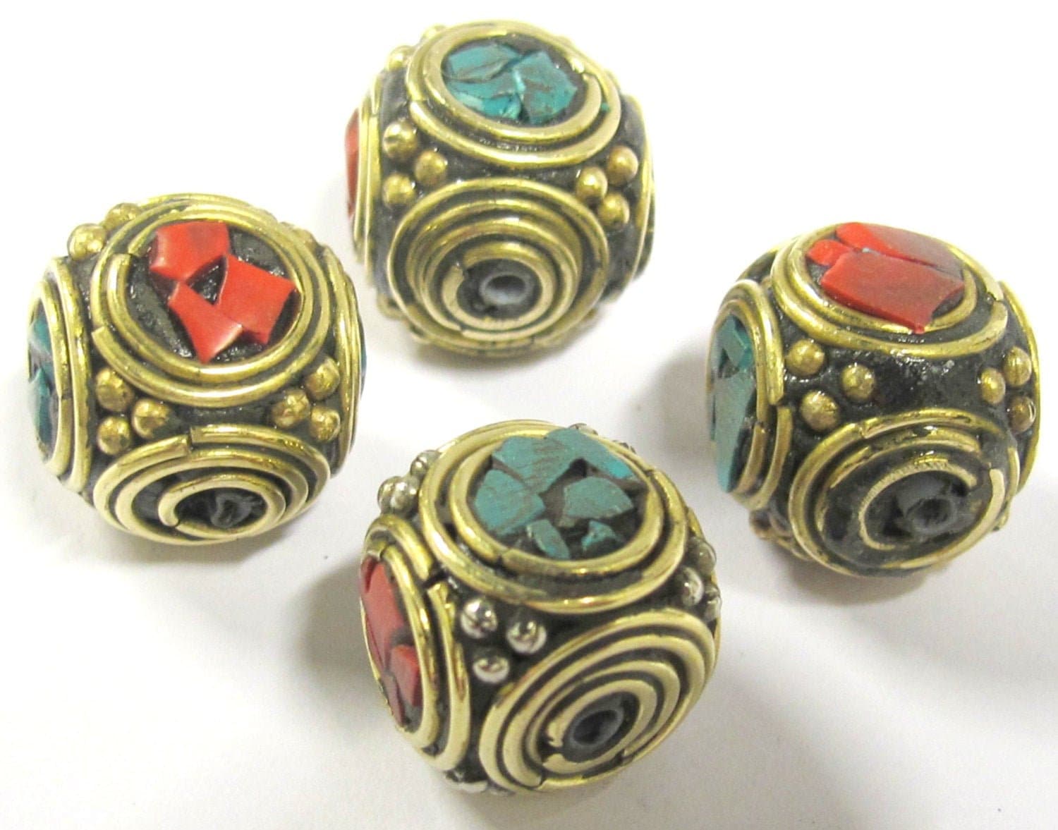 2 beads - Large 15 -16 mm ethnic Tibetan nepal brass beads with turquoise inlay - BD801s