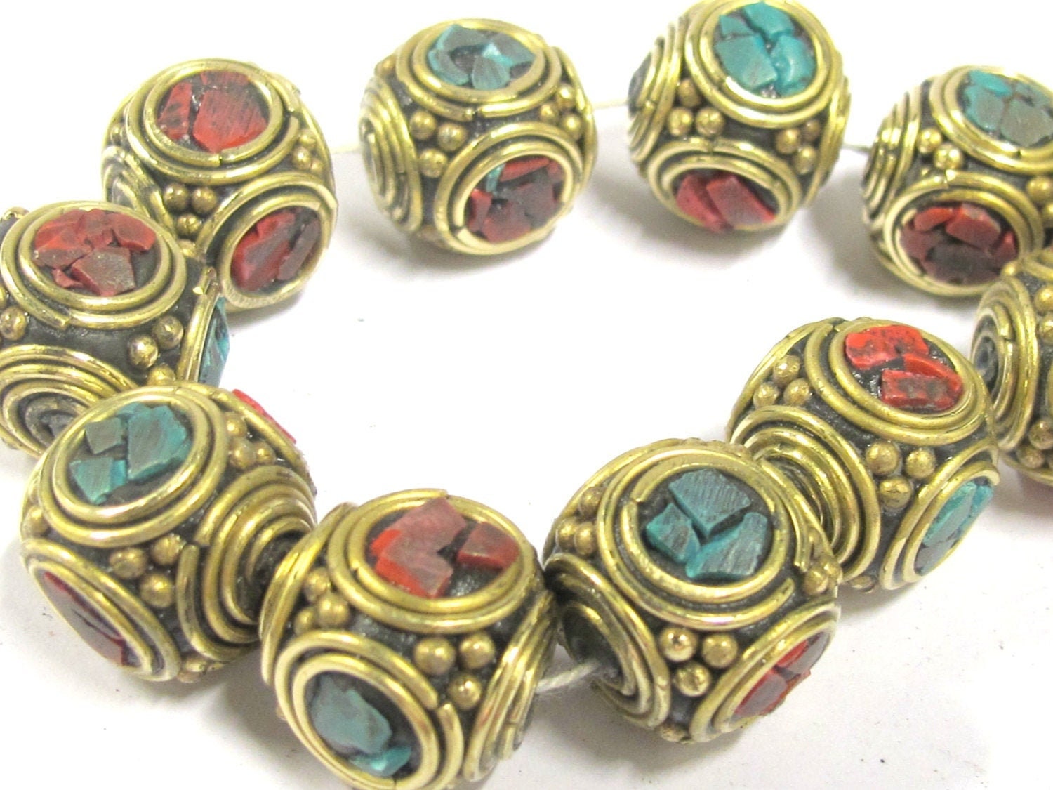 2 beads - Large 15 -16 mm ethnic Tibetan nepal brass beads with turquoise inlay - BD801s
