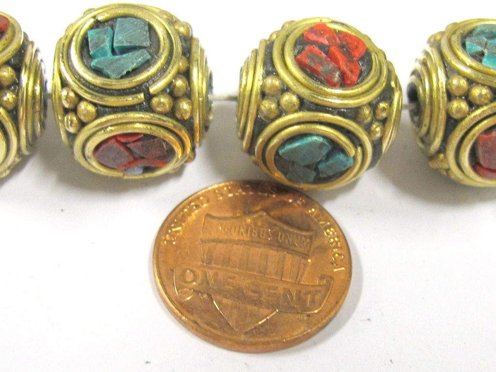 2 beads - Large 15 -16 mm ethnic Tibetan nepal brass beads with turquoise inlay - BD801s