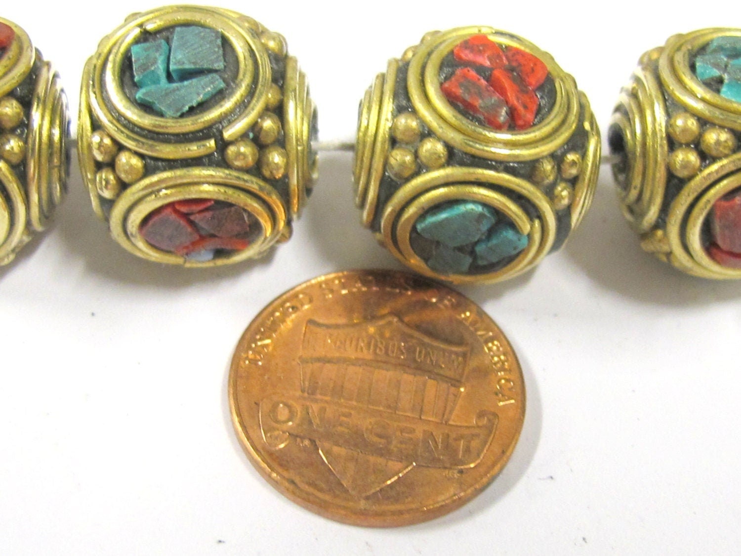 2 beads - Large 15 -16 mm ethnic Tibetan nepal brass beads with turquoise inlay - BD801s