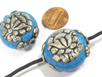 1 Bead - Beautiful large reversible blue crackle resin Tibetan silver Lotus flower bead - BD790