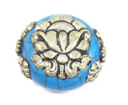 1 Bead - Beautiful large reversible blue crackle resin Tibetan silver Lotus flower bead - BD790