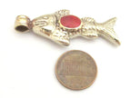 1 Pendant - Tibetan antiqued silver color finish fish design repousse pendant with red inlay - PM342B