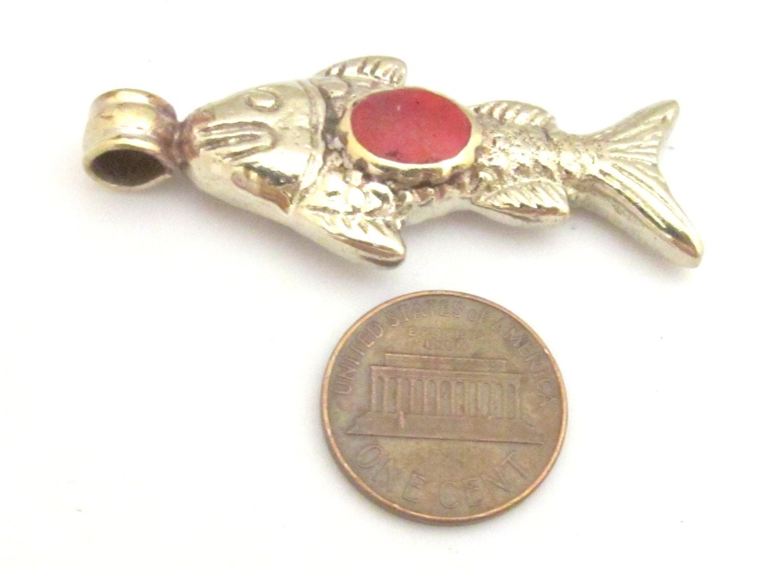1 Pendant - Tibetan antiqued silver color finish fish design repousse pendant with red inlay - PM342B