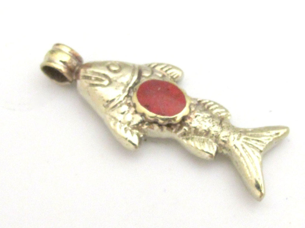 1 Pendant - Tibetan antiqued silver color finish fish design repousse pendant with red inlay - PM342B