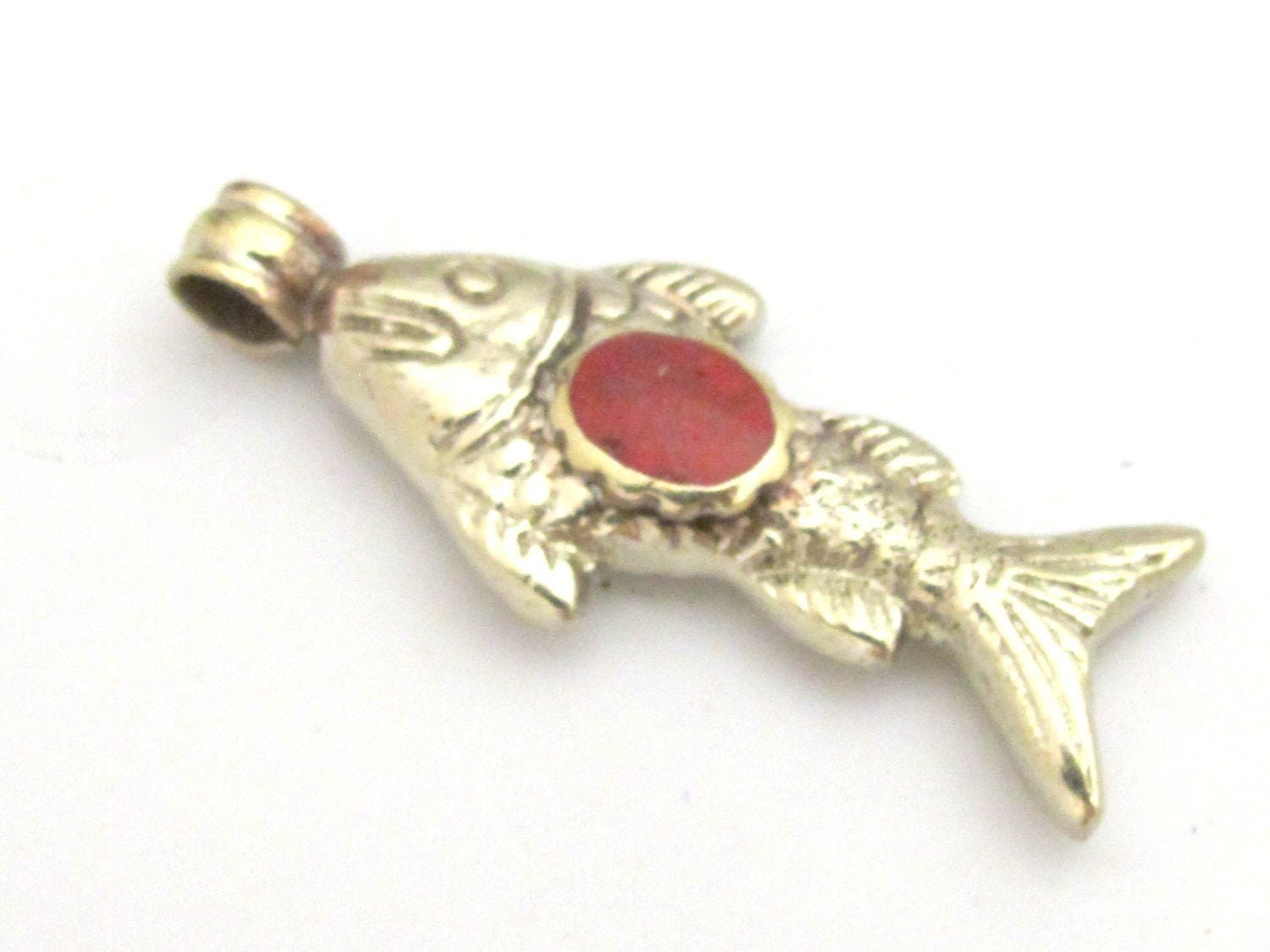1 Pendant - Tibetan antiqued silver color finish fish design repousse pendant with red inlay - PM342B