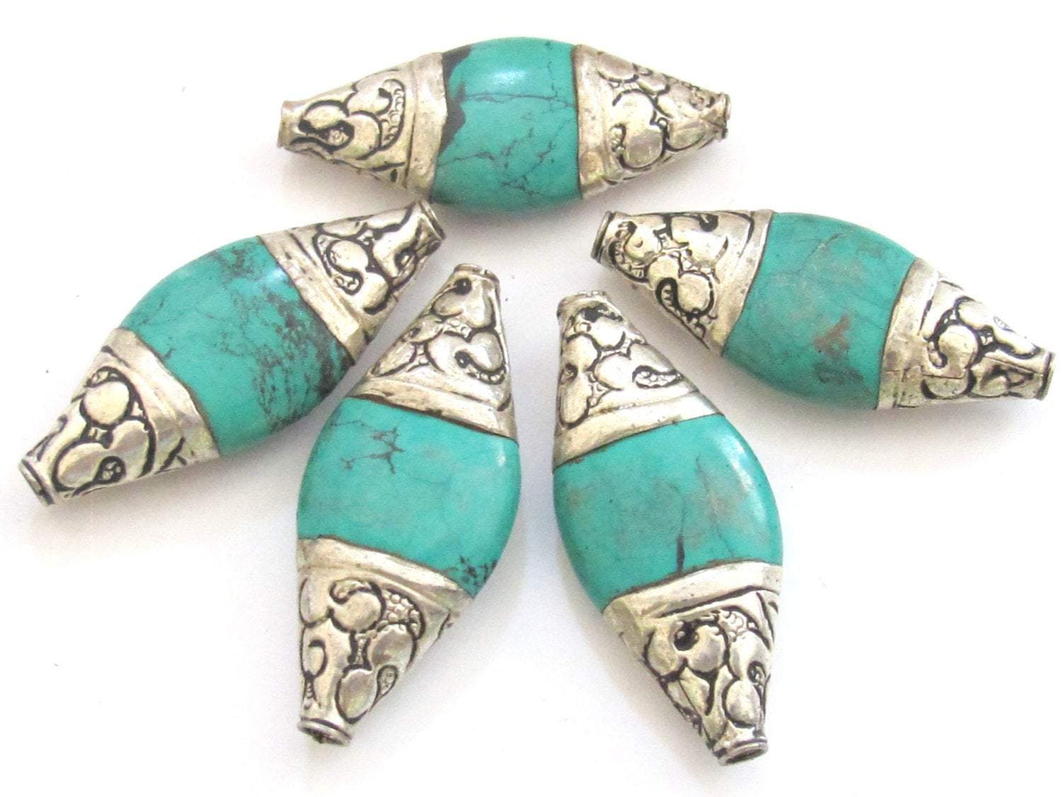 1 BEAD - Beautiful large bicone shape capped Tibetan turquoise gemstone beads from Nepal- BD521