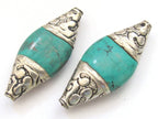 1 BEAD - Beautiful large bicone shape capped Tibetan turquoise gemstone beads from Nepal- BD521