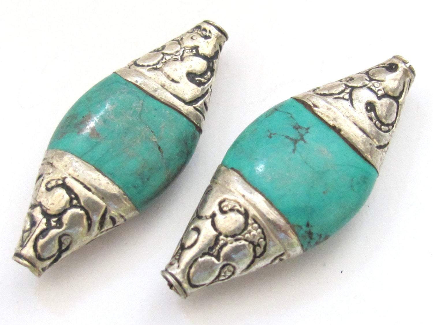 1 BEAD - Beautiful large bicone shape capped Tibetan turquoise gemstone beads from Nepal- BD521