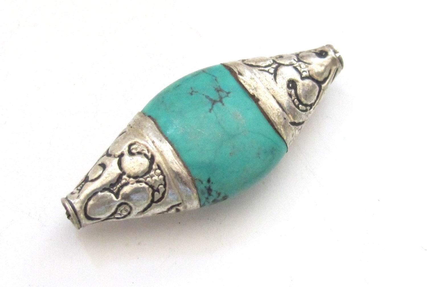 1 BEAD - Beautiful large bicone shape capped Tibetan turquoise gemstone beads from Nepal- BD521