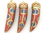 1 Pendant - Long Tibetan horn tusk shape Brass pendant with coral lapis inlay dotted sun design from Nepal - PM290G