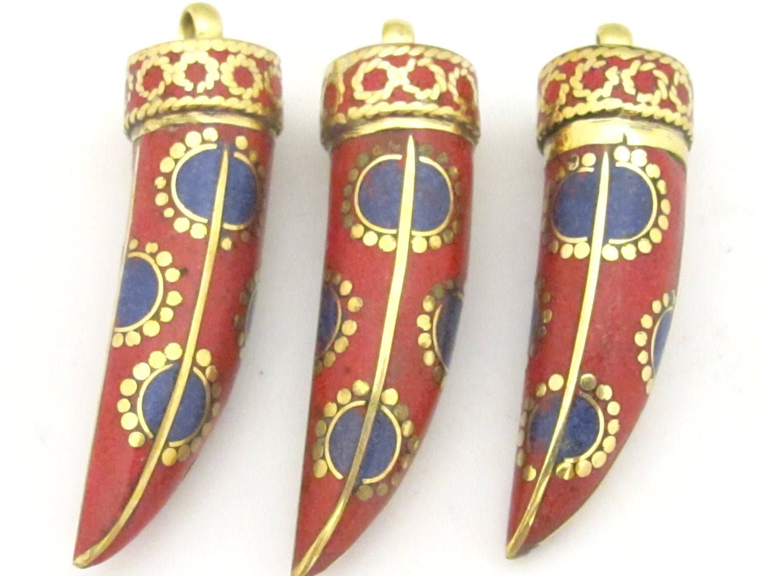 1 Pendant - Long Tibetan horn tusk shape Brass pendant with coral lapis inlay dotted sun design from Nepal - PM290G