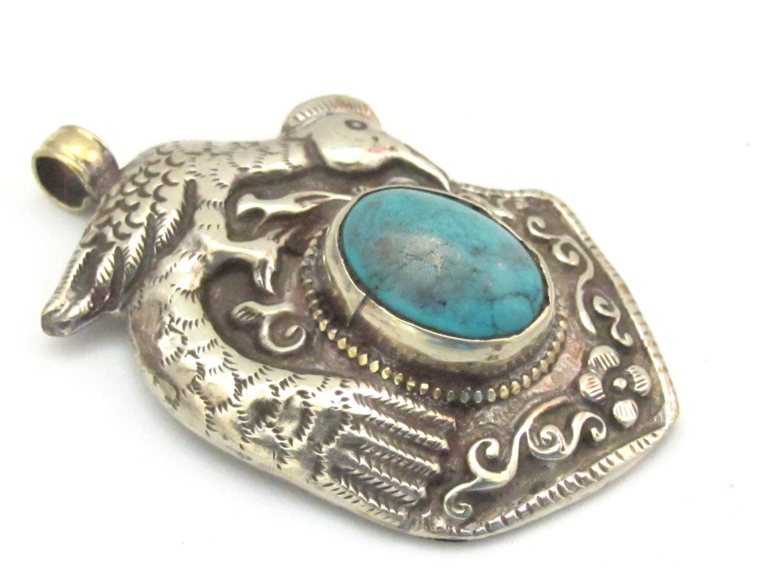 Tibetan silver repousse bird pendant inlaid with turquoise inlay- ethnic nepal pendant - PM271Bx