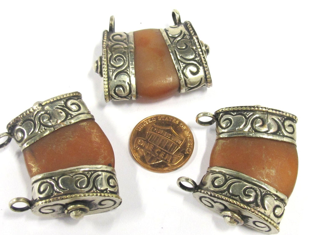 1 Pendant - Ethnic Tibetan silver double bail carnelian gemstone pendant - PM390