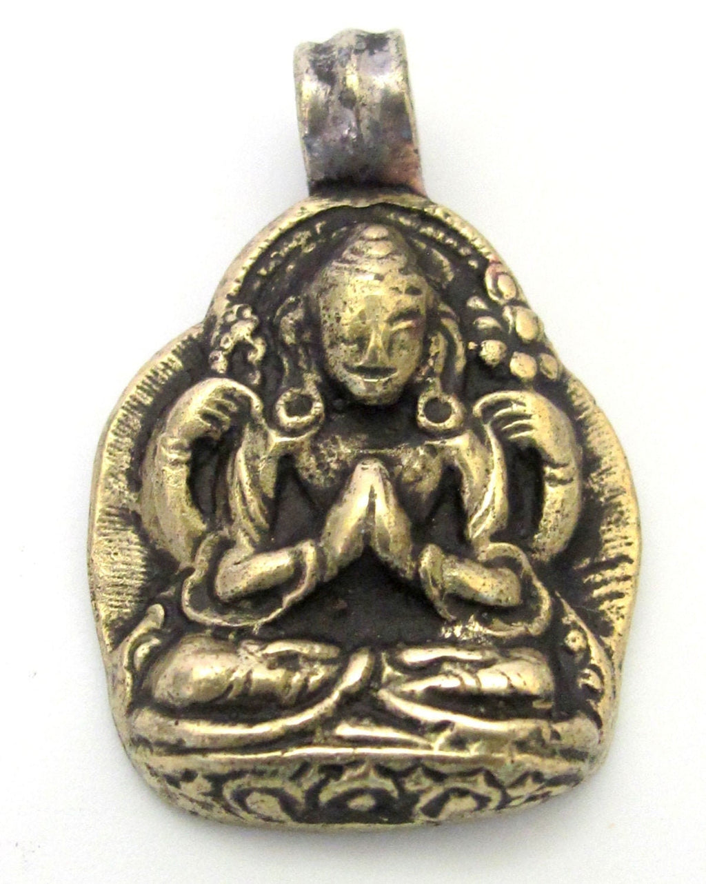 Tibetan solid Brass Chenrezig Buddha Avalokiteshvara pendant with reverse floral carving from Nepal - PM464B