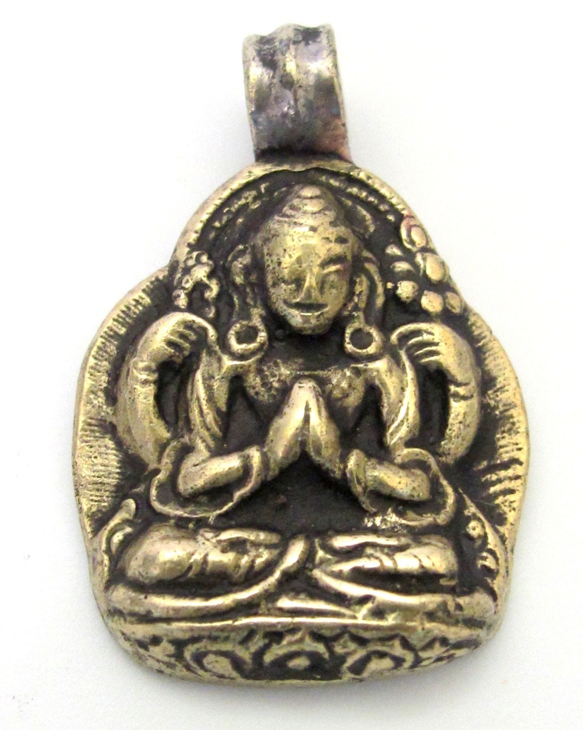 Tibetan solid Brass Chenrezig Buddha Avalokiteshvara pendant with reverse floral carving from Nepal - PM464B