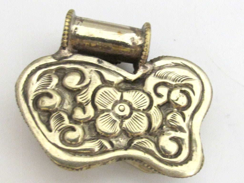 Tibetan silver carved recycled cattle bone Cat pendant with inlay and reverse side flower repousse - PM345C