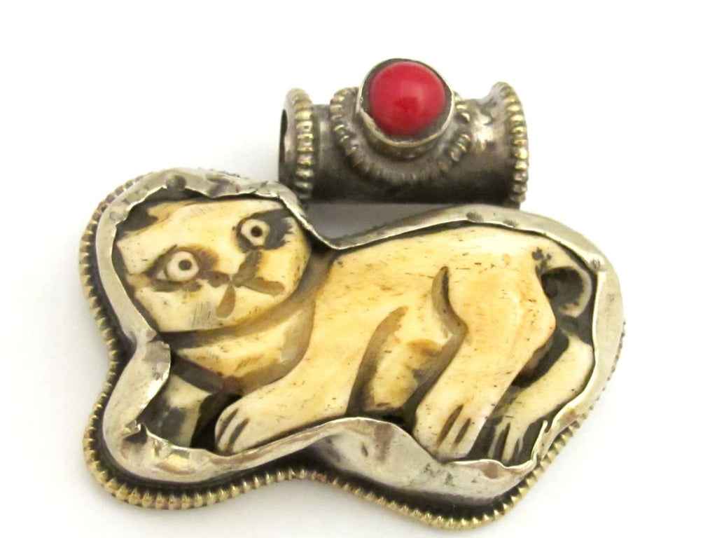 Tibetan silver carved recycled cattle bone Cat pendant with inlay and reverse side flower repousse - PM345C