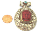 1 Pendant - Large Tibetan antiqued silvercolor j red Buddha pendant with Lotus flower carving - PM336D