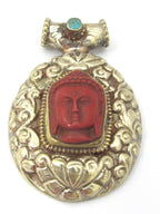 1 Pendant - Large Tibetan antiqued silvercolor j red Buddha pendant with Lotus flower carving - PM336D