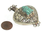 1 clasp - Large triangular heart shape ethnic Tibetan silver finish blue buddha box clasp pendant from Nepal - LN039D