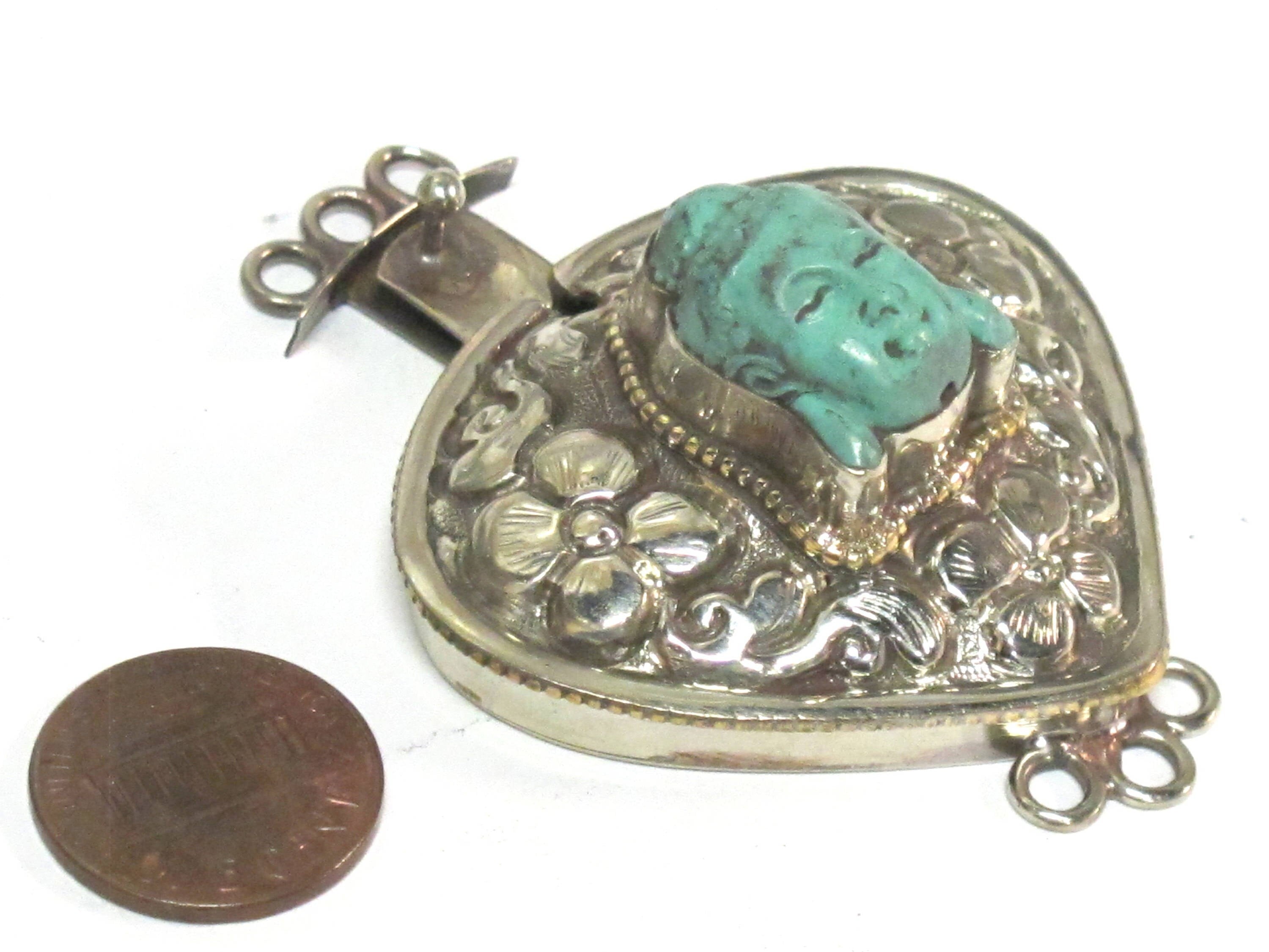 1 clasp - Large triangular heart shape ethnic Tibetan silver finish blue buddha box clasp pendant from Nepal - LN039D