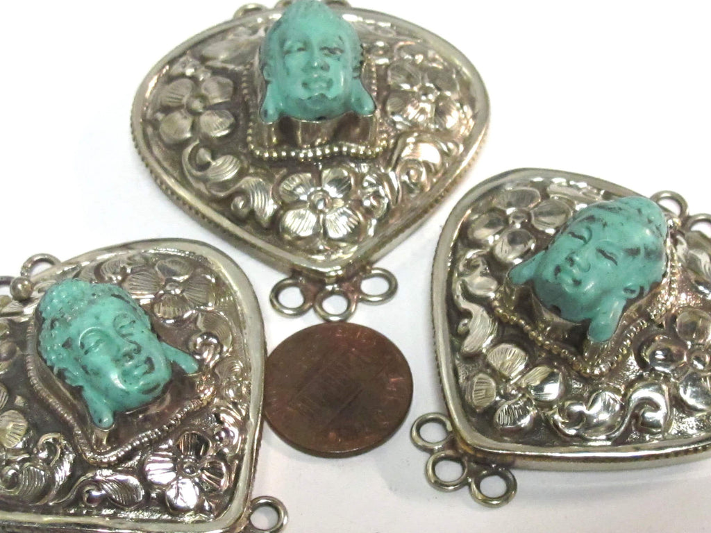 1 clasp - Large triangular heart shape ethnic Tibetan silver finish blue buddha box clasp pendant from Nepal - LN039D