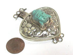 1 clasp - Large triangular heart shape ethnic Tibetan silver finish blue buddha box clasp pendant from Nepal - LN039D