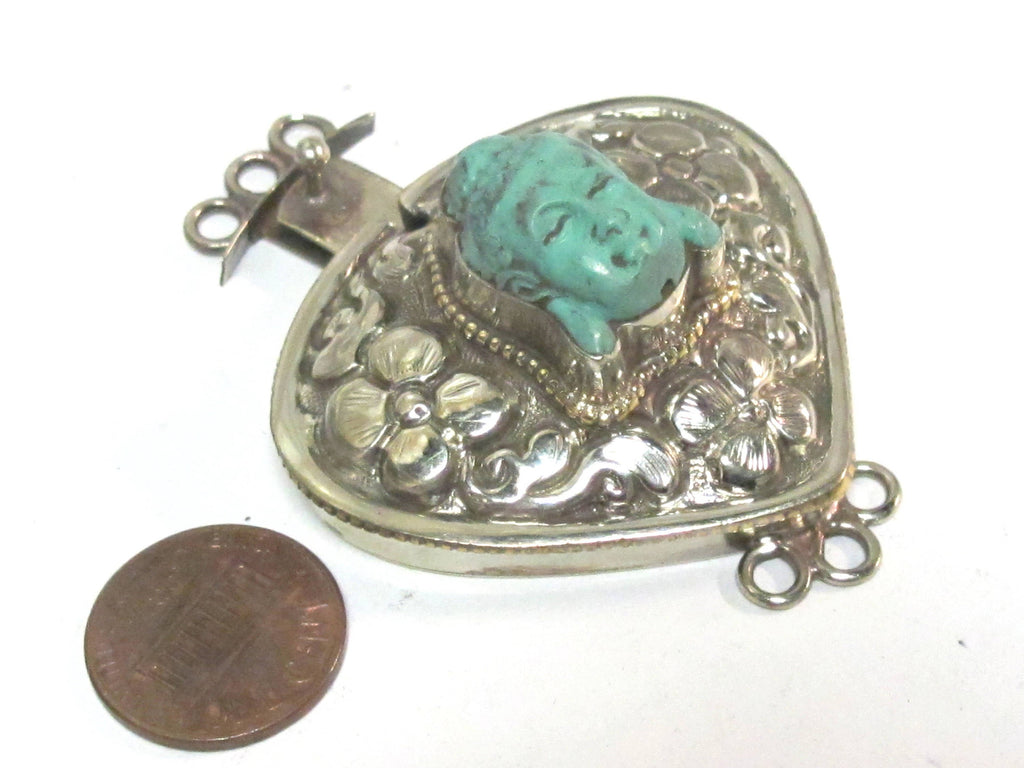 1 clasp - Large triangular heart shape ethnic Tibetan silver finish blue buddha box clasp pendant from Nepal - LN039D