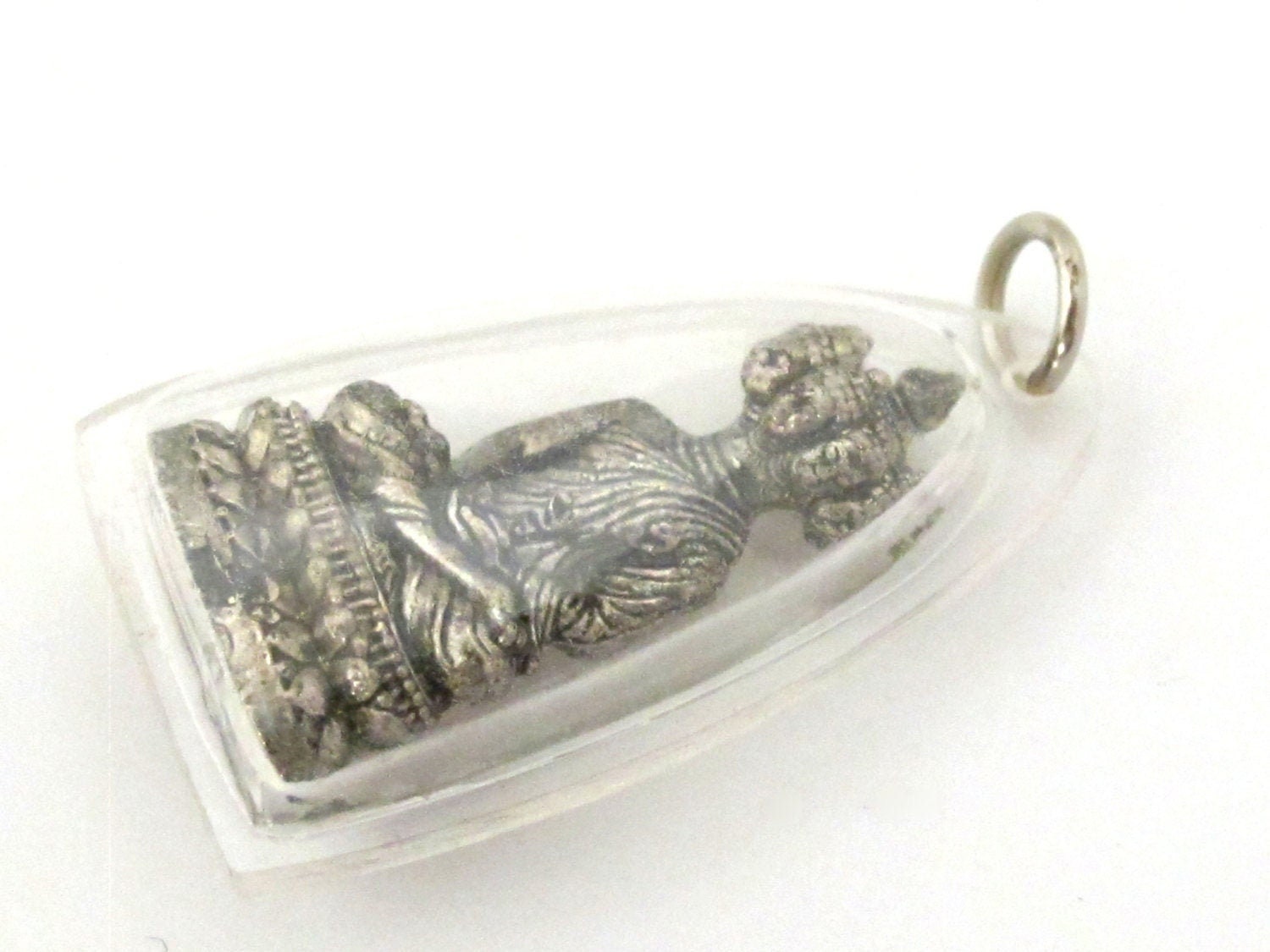Tibetan Buddha Meditation Pendant, clear resin encased silver tone Nepal Charm, Buddhist Mala Making Bead, Bag Charm Keyring charm PM516