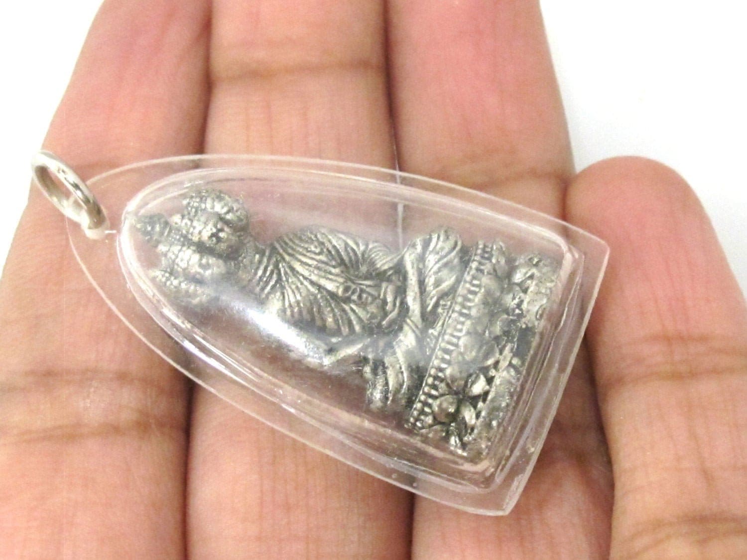 Tibetan Buddha Meditation Pendant, clear resin encased silver tone Nepal Charm, Buddhist Mala Making Bead, Bag Charm Keyring charm PM516
