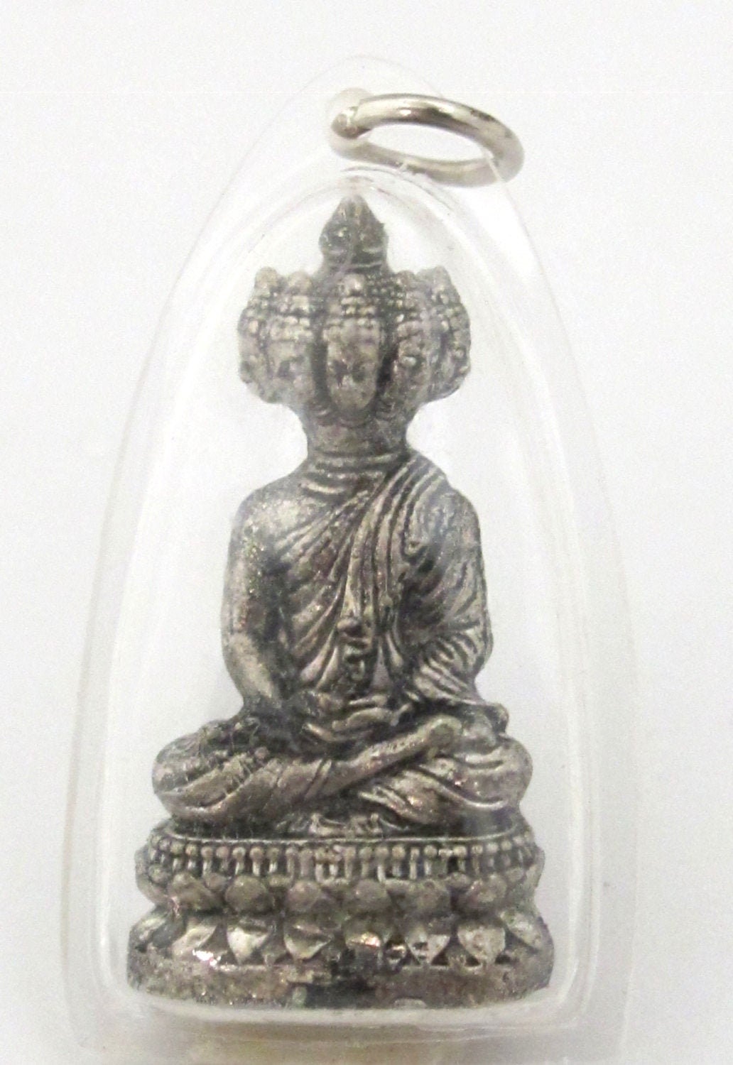Tibetan Buddha Meditation Pendant, clear resin encased silver tone Nepal Charm, Buddhist Mala Making Bead, Bag Charm Keyring charm PM516