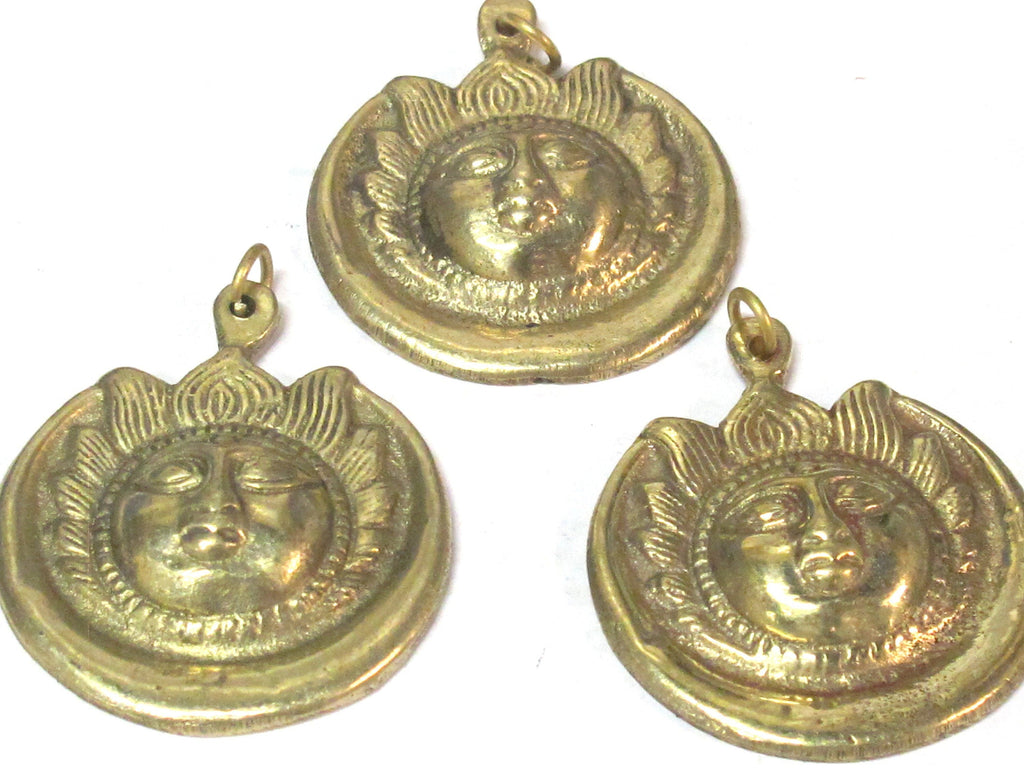 1 Pendant - Large brass Sun face crescent moon tibetan pendant from Nepal -- CP138