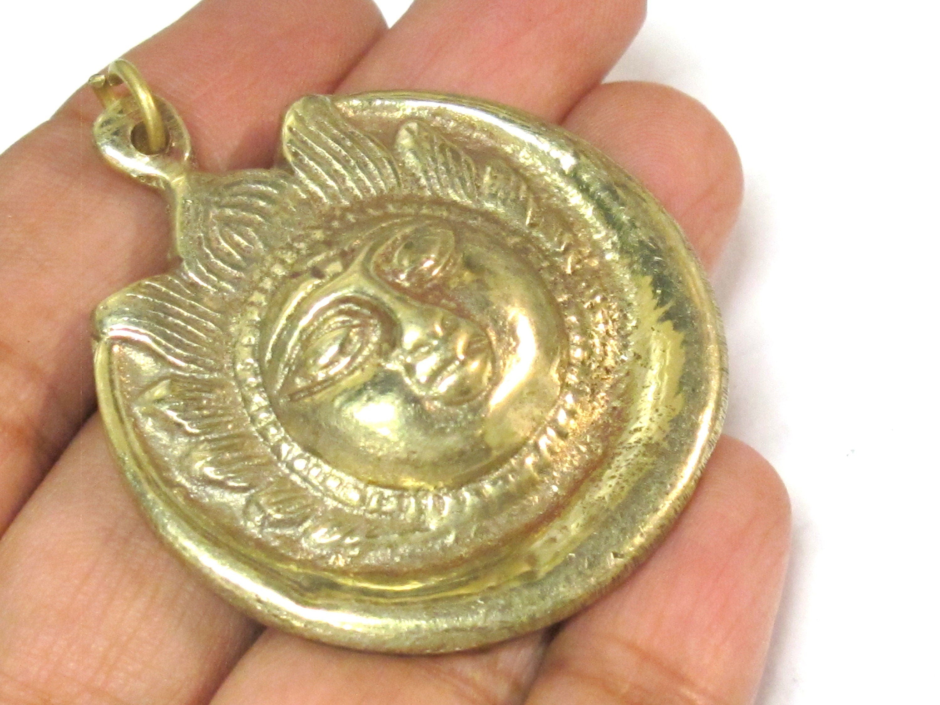 1 Pendant - Large brass Sun face crescent moon tibetan pendant from Nepal -- CP138