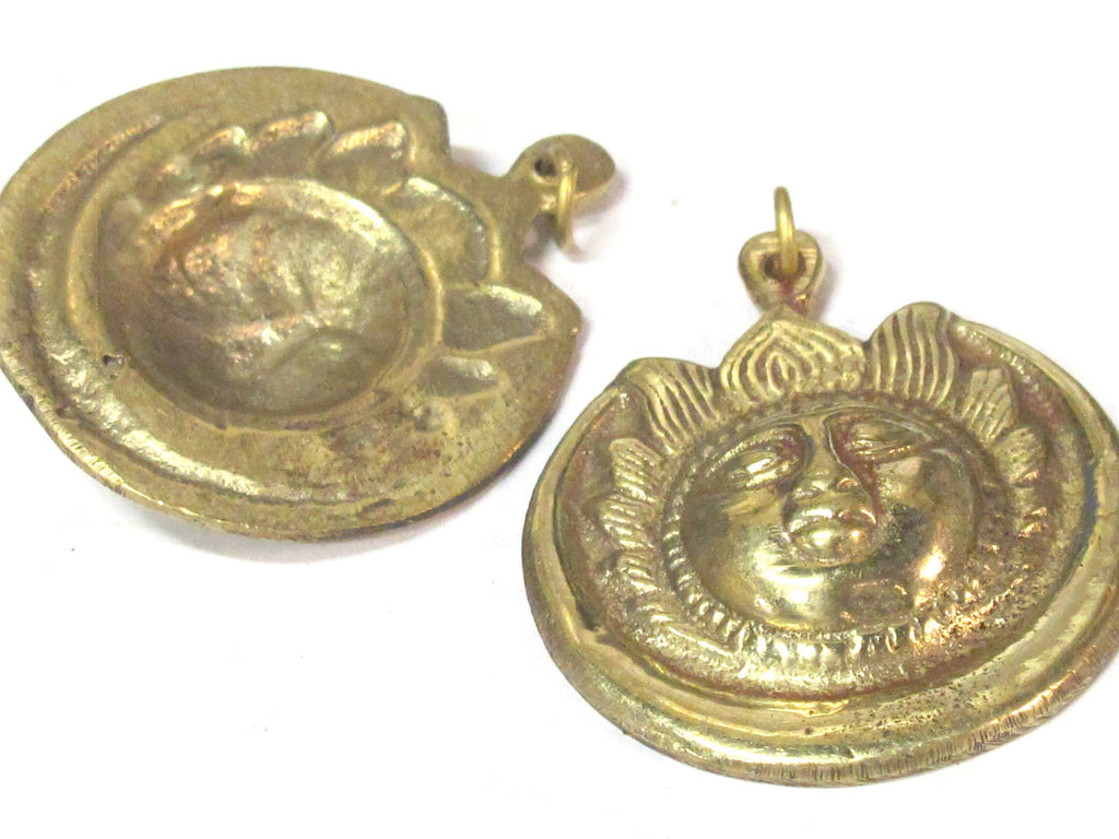 1 Pendant - Large brass Sun face crescent moon tibetan pendant from Nepal -- CP138