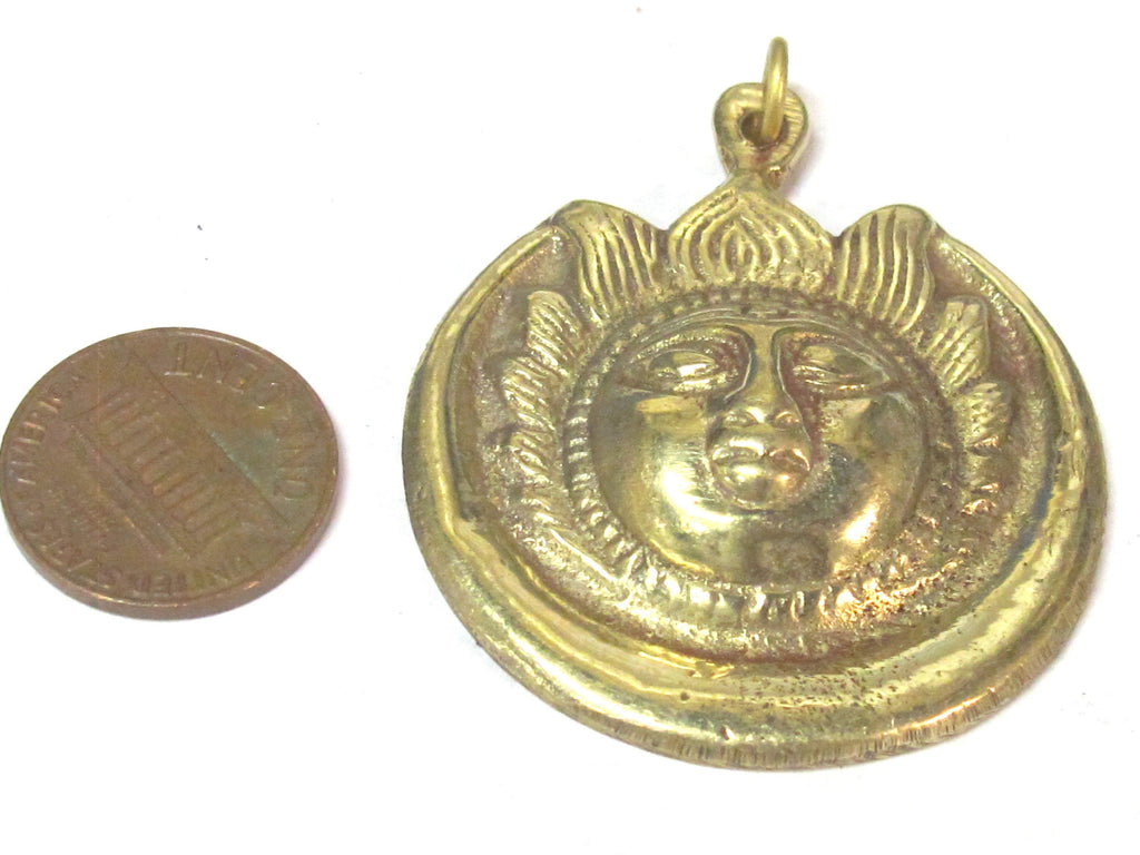 1 Pendant - Large brass Sun face crescent moon tibetan pendant from Nepal -- CP138