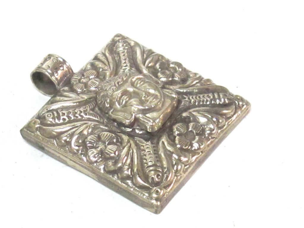 1 pendant - Tibetan silver square shape Buddha pendant detailed carving with deer animal design on other side - PM588B
