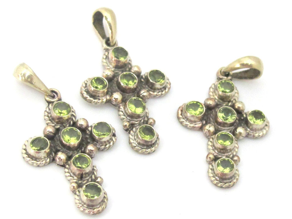 1 Pendant - Tibetan silver faceted green peridot gemstone cross pendant from Nepal - PM445A