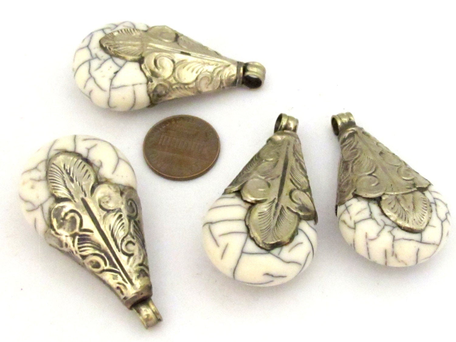 Tibetan Teardrop Pendant | White Crackle Resin Design | Antiqued Silver Finish | Nepal Pendant PM136