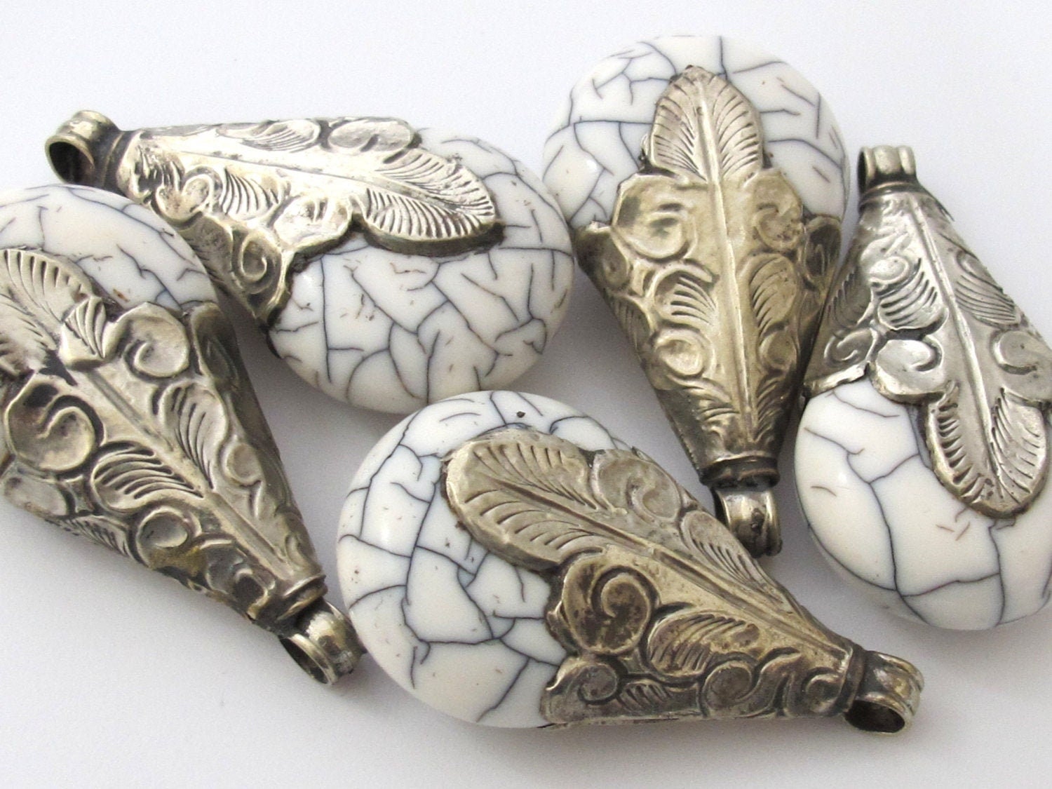 Tibetan Teardrop Pendant | White Crackle Resin Design | Antiqued Silver Finish | Nepal Pendant PM136
