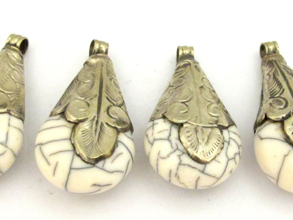 Tibetan Teardrop Pendant | White Crackle Resin Design | Antiqued Silver Finish | Nepal Pendant PM136