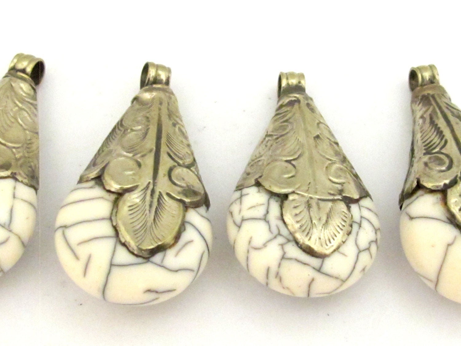 Tibetan Teardrop Pendant | White Crackle Resin Design | Antiqued Silver Finish | Nepal Pendant PM136
