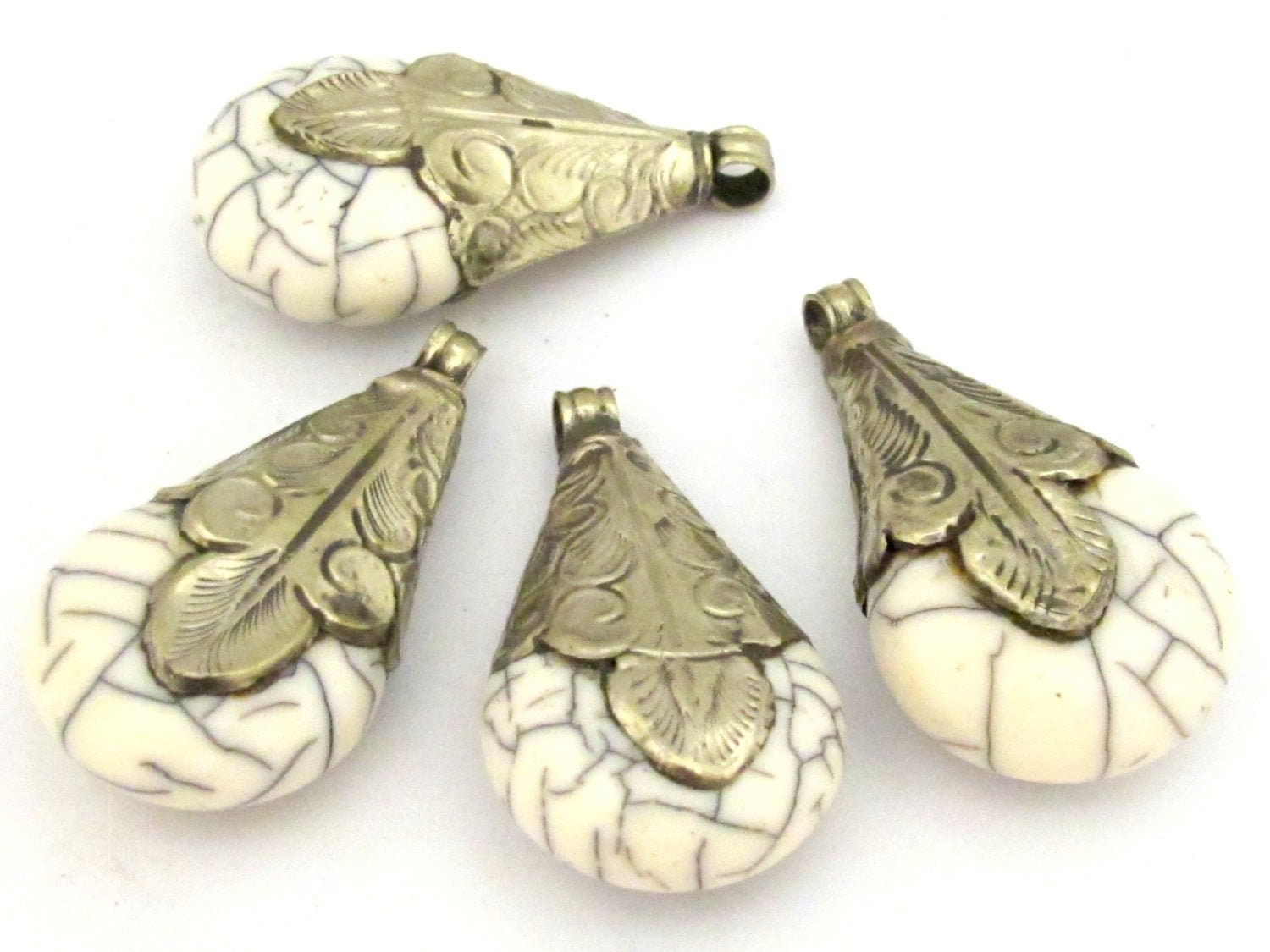 Tibetan Teardrop Pendant | White Crackle Resin Design | Antiqued Silver Finish | Nepal Pendant PM136