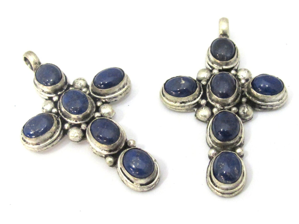 1 Pendant - Tibetan antiqued silver finish Lapis Lazuli inlaid gemstone cross pendant Nepal - PM230A