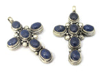 1 Pendant - Tibetan antiqued silver finish Lapis Lazuli inlaid gemstone cross pendant Nepal - PM230A