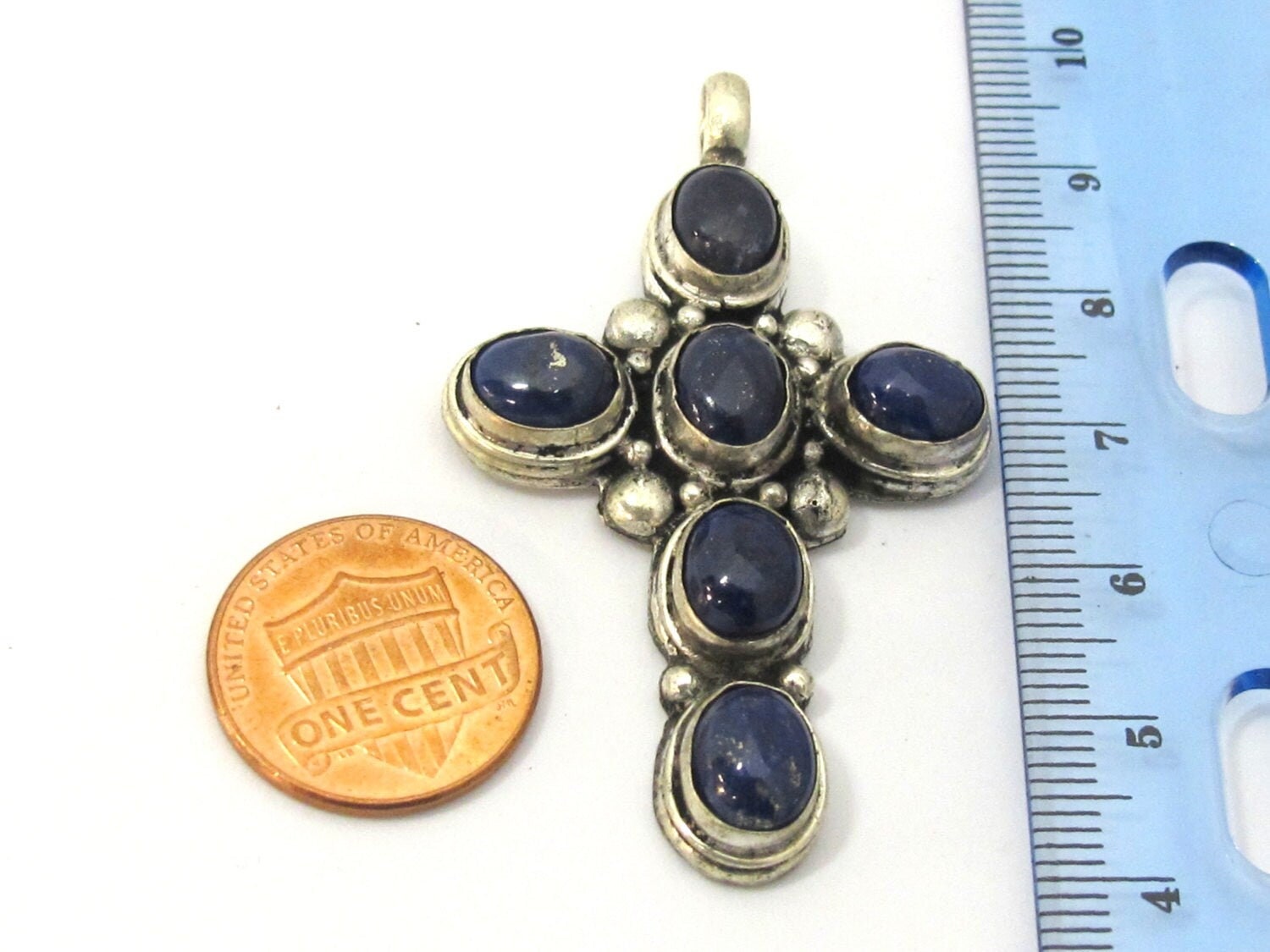 1 Pendant - Tibetan antiqued silver finish Lapis Lazuli inlaid gemstone cross pendant Nepal - PM230A