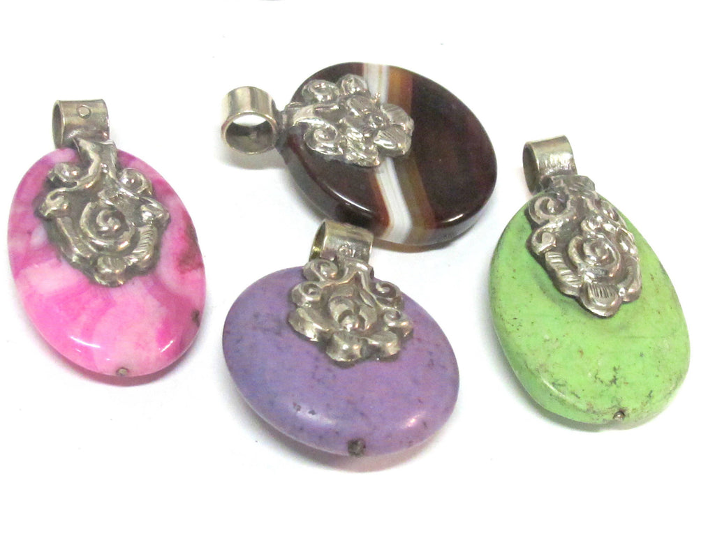 4 Pendants - Mix Tibetan Nepal gemstones round oval shape pendants with dual sided floral design - PM223Mx