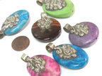 4 Pendants - Mix Tibetan Nepal gemstones round oval shape pendants with dual sided floral design - PM223Mx
